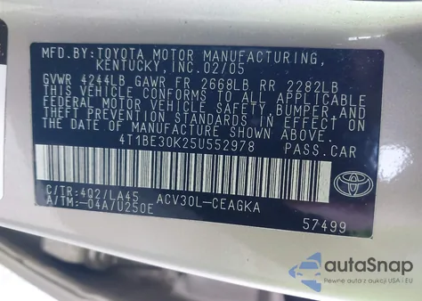 2005 Toyota Camry Xle z USA, uszkodzony, nr VIN 4T1BE30K25U552978